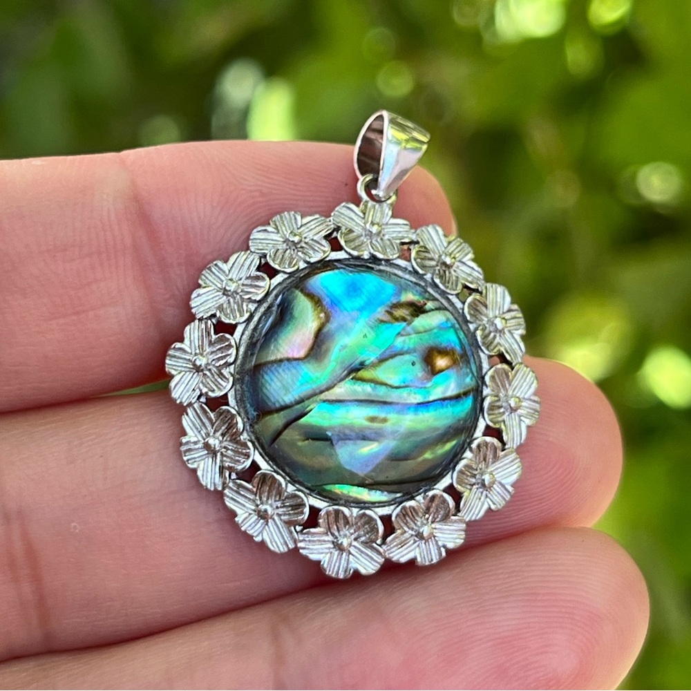 Sterling silver flashy round floral abalone shell pendant 1254 - Picture 2 of 7